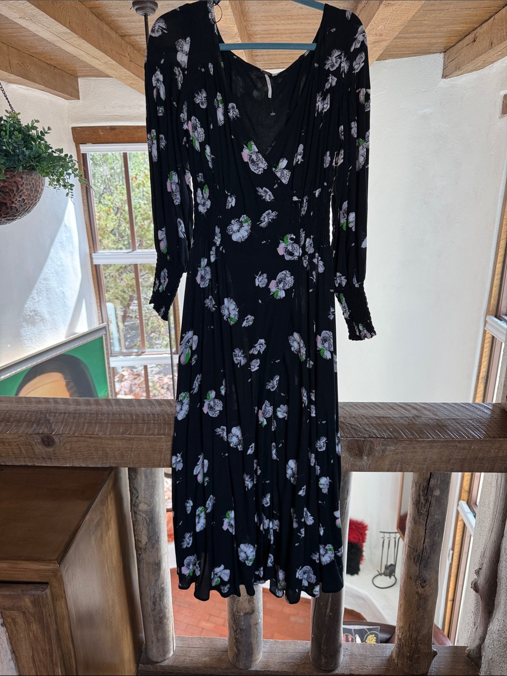 Free People Black Floral Midi Dress with White and Lavender Blooms